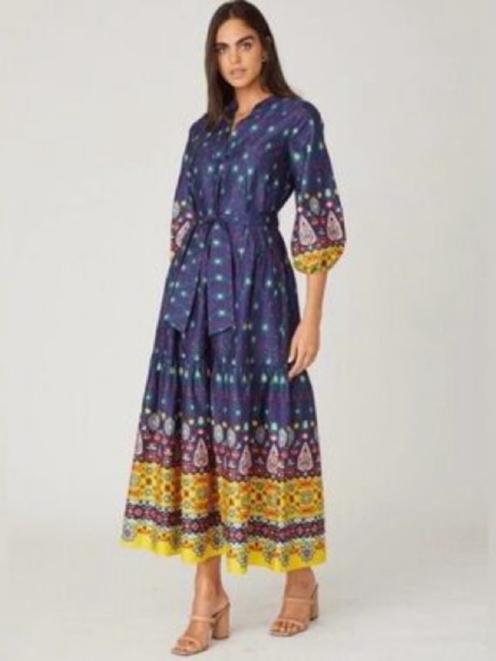 Shoshanna printed long-sleeve midi shirt dress in blue & yellow print size 14
